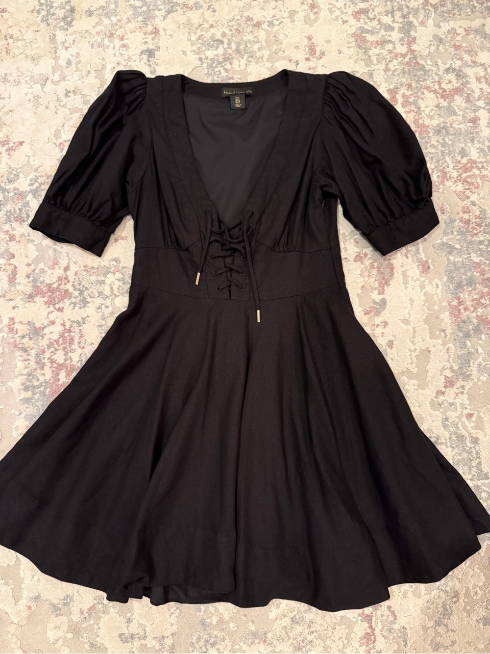 House of Harlow 1960 Black Lace-Up Puff Sleeve Mini Dress